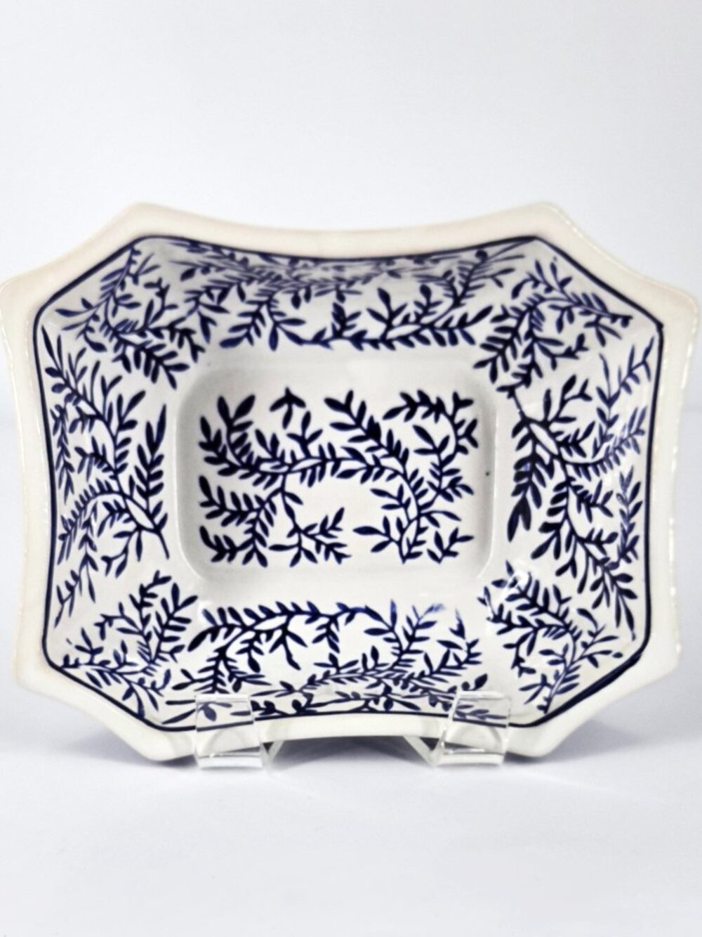 Blue & White Porcelain Chinoiserie-Inspired Foliage & Scroll Rectangular Bowl
